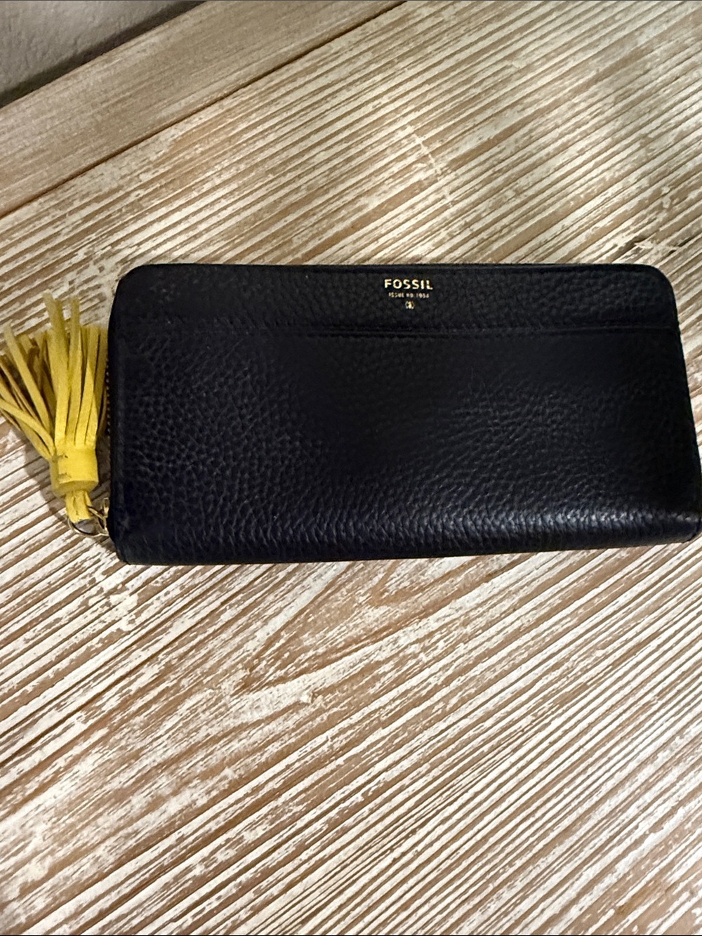Fossil Black Pebbled Leather Zip Wallet with Yellow Tassel Accent